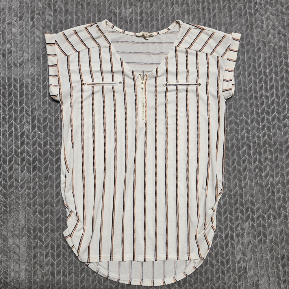 Sweet‎ Wanderer Maternity Striped Quarter Zip Ruched Blouse White Navy Rust Med